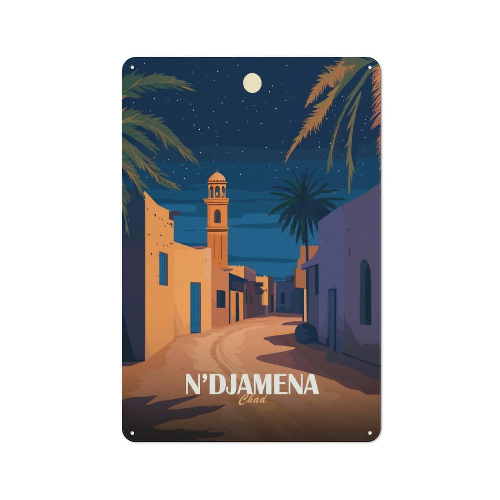 NDjamena Chad Nightscape Illustration Everyday Metal Wall Decor 30x20cm, Vintage Metal Sign for Hallway, Home Bar, Garage Or Study