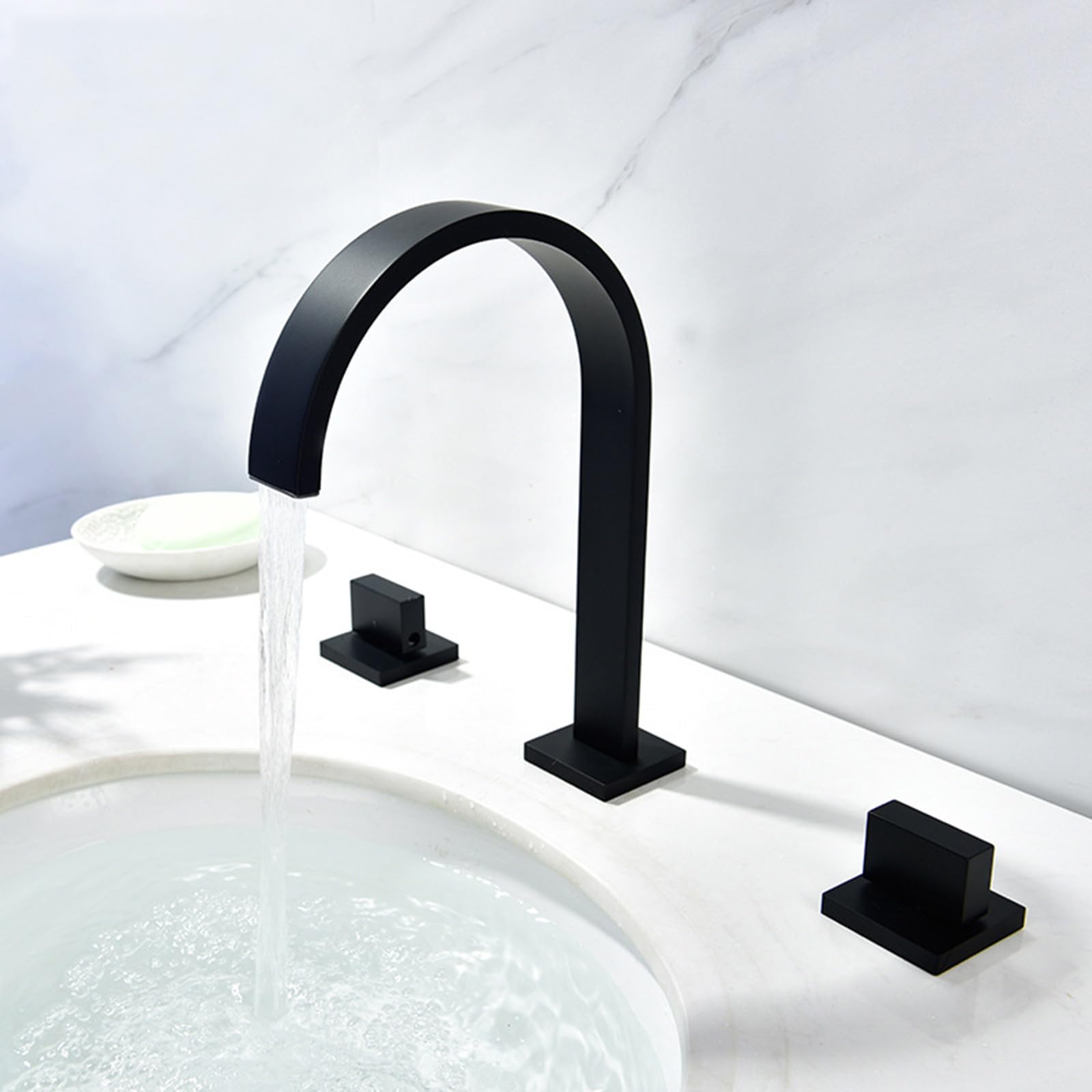 Grifo Baño Cascada Caño Plano Bimando Grifos para Lavabos de Baño Grifo Latón 3 Orificios,negro