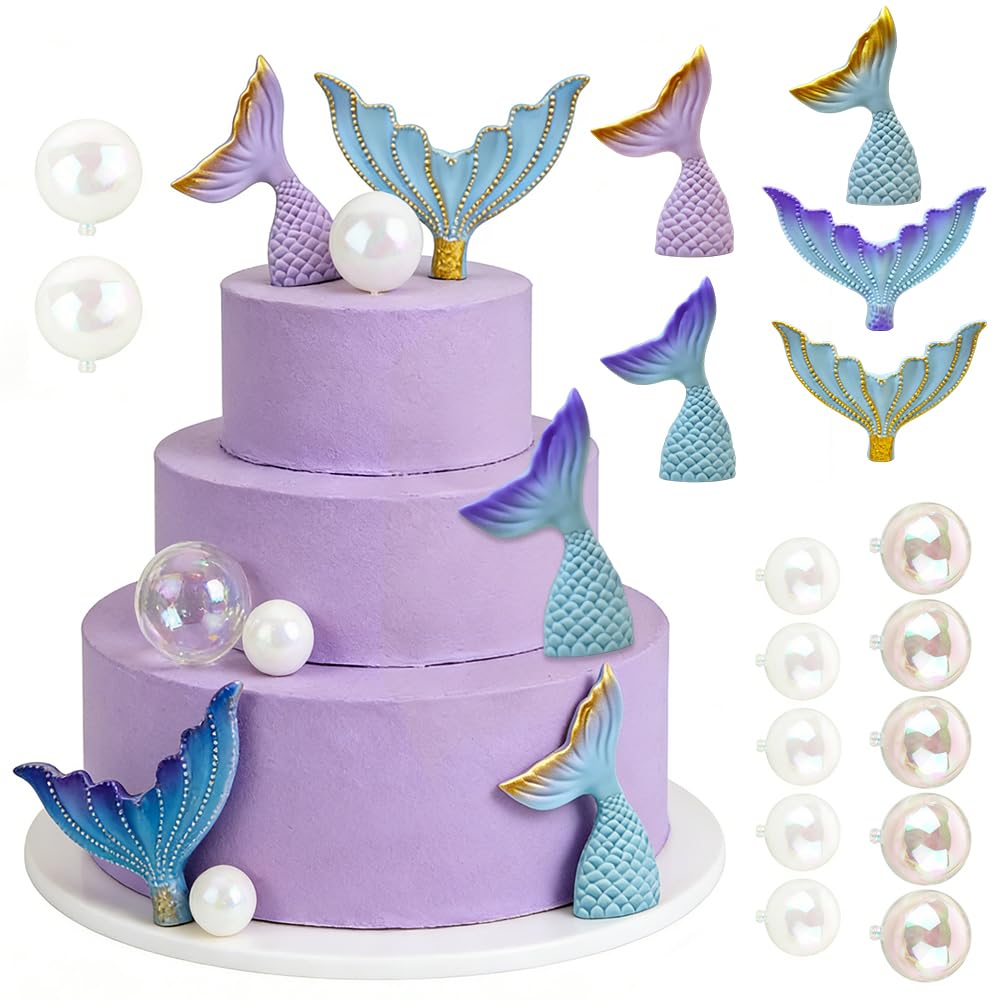 Mermaid Cake Topper 17pcs Mermaid Tail Cake Decorations with Blue and Purple Fishtail White Pearl Balls Under the Sea Party for Baby Shower Girl Kid Birthday Party Decorations (Blue)