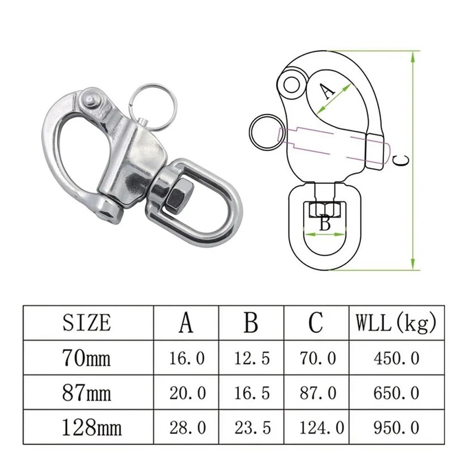 5 grilletes giratorios de liberación rápida con Anilla de Acero Inoxidable 316 de Alta Resistencia de 70 mm, 87 mm y 128 mm for Aparejos de navegación.(87mm)