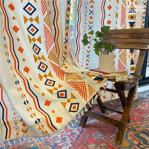 Image of Urban Space 100% Cotton Geometric Light-Filtering Curtain For Door,Boho Decorative Curtains 7 Feet Long With Eyelets & Tieback,2 Curtains Covers(Door,7 X 4Ft,Cushion Cover,16 X 16 Inch,Boho Orange)