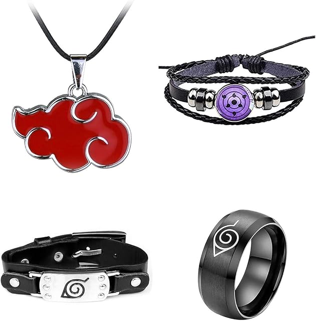 I3C Anime Ninja Accessories Set Uchiha Itachi Red Cloud Necklace Ajustable Sharingan Bracelet Kohnoha ring 4PCS Set