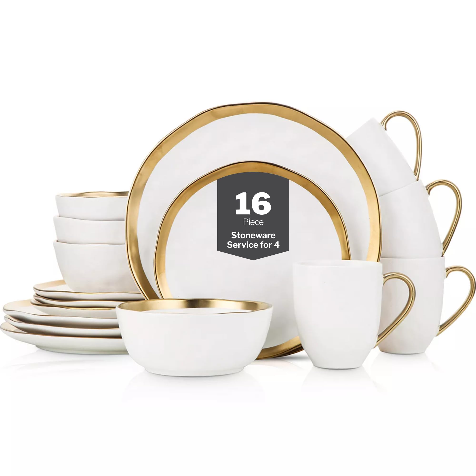 Stone Lain Modern Poreclain 16 Piece Dinnerware Set, Plates and Bowls Set, Dish set for 4, White And Golden Rim