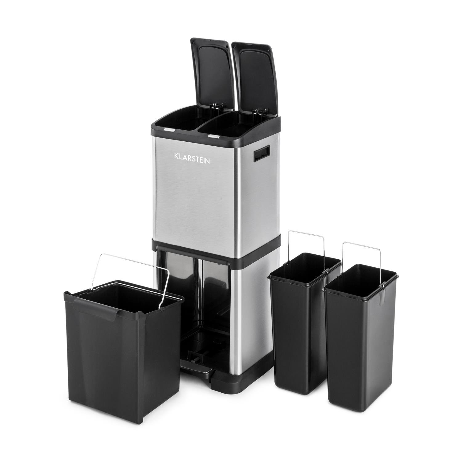 KLARSTEIN Ökosystem² - Poubelle de tri sélectif à pédale, Contenance de 30L répartie sur 3 récipients, 1x15L et 2x7,5L, Coque en Acier Inoxydable, Facile à Nettoyer, Argent