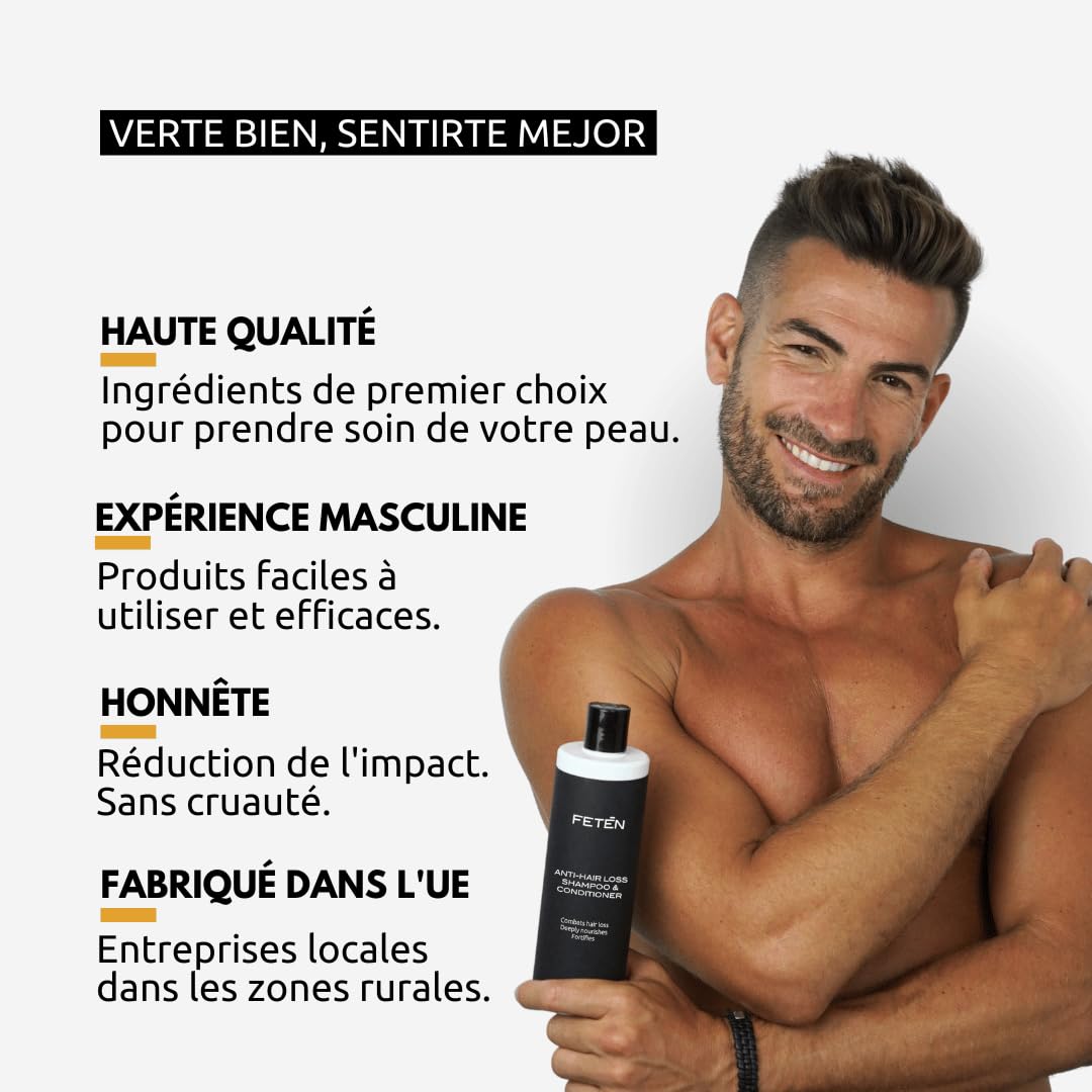 FETEN Shampooing Antichute et Antipelliculaire pour Cheveux d' Homme 400ml, Prévention de la Chute, Volume et Nutrition, Shampoing pour la Repousse des Cheveux, Shampoing Purifiant et Fortifiant