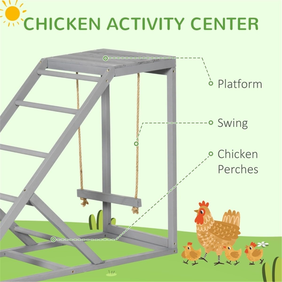 Natural Fir Wood Chicken Activity Shelf with Swing, Perches and Platform for Enriched Coop Living and Behavioral Stimulation