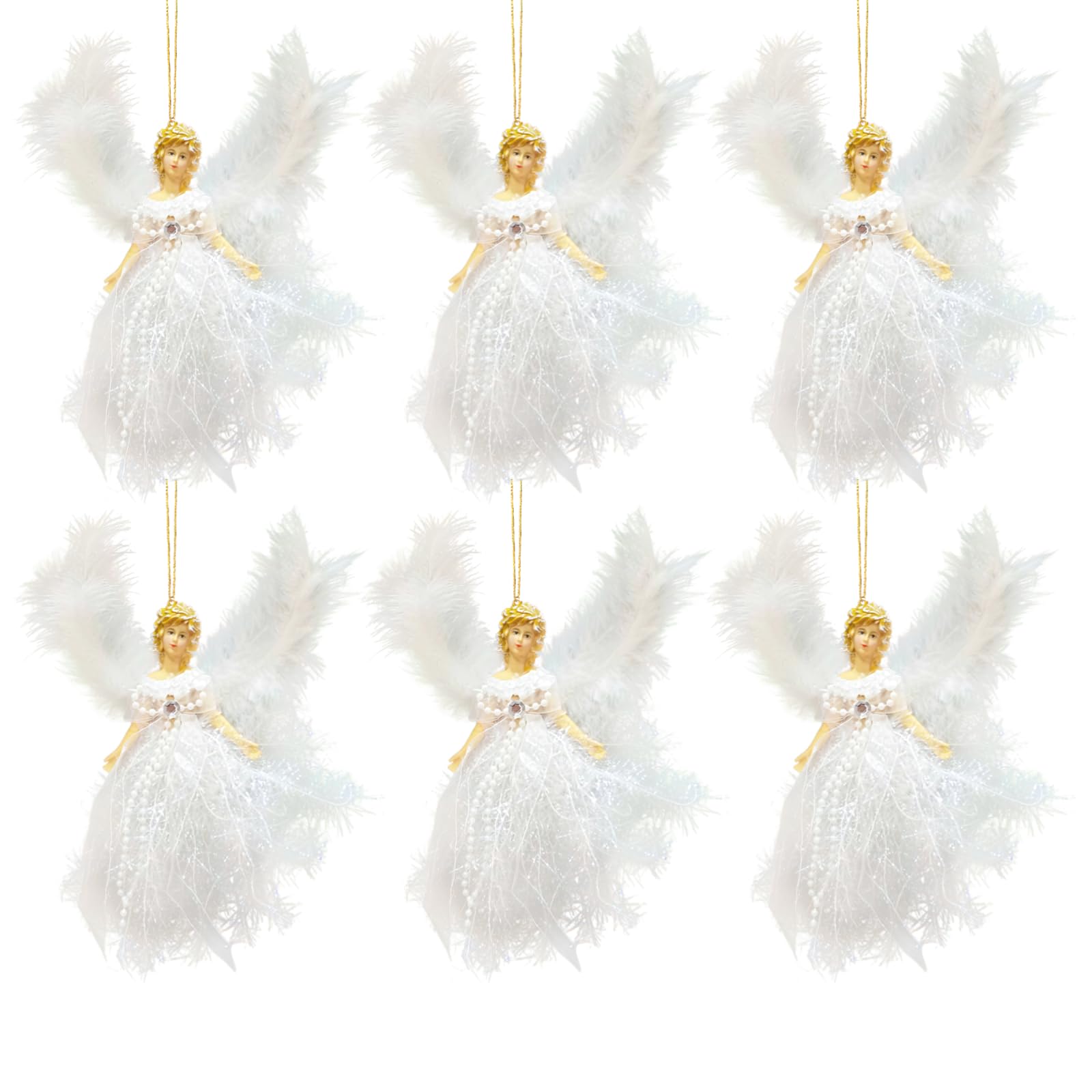 6 adornos de ángel con plumas blancas, tela de cebolla de felpa para colgar, decoraciones navideñas para bodas, fiestas, hogar