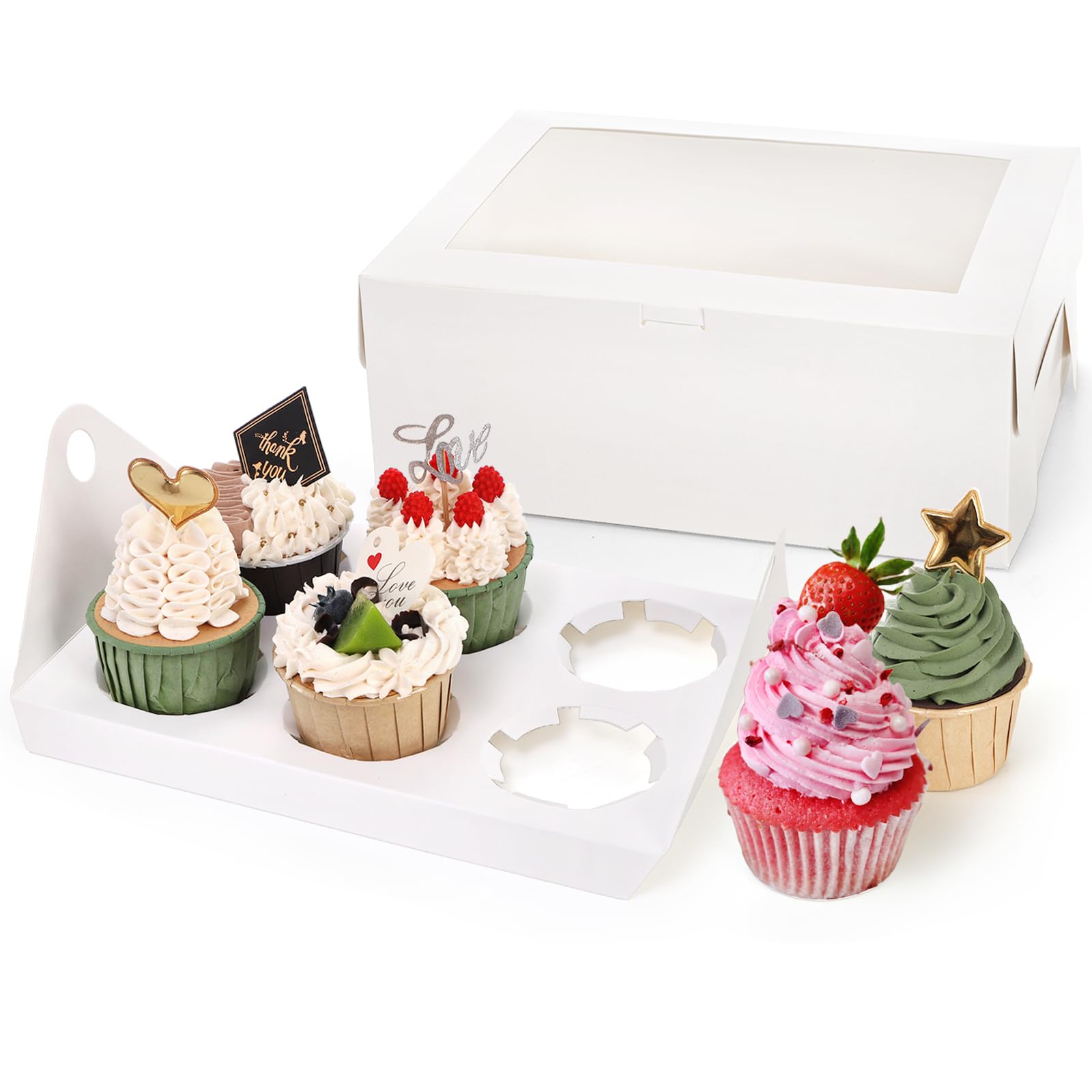 Yeplan Cupcake-Boxen, 50 Stück – 23,9x15,5x8 Cm, Mit Fenster & 6er-Halter, Weiß