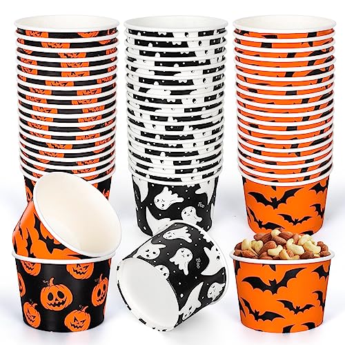 Whaline 60Pcs Halloween Treat Snack Cups Grimace Pumpkin Ghost Bat Pattern Disposable Paper Bowls 9oz Orange Black Paper Cups Dessert Ice Cream Bowls for Halloween Movie Party Favor Supplies 3 Style