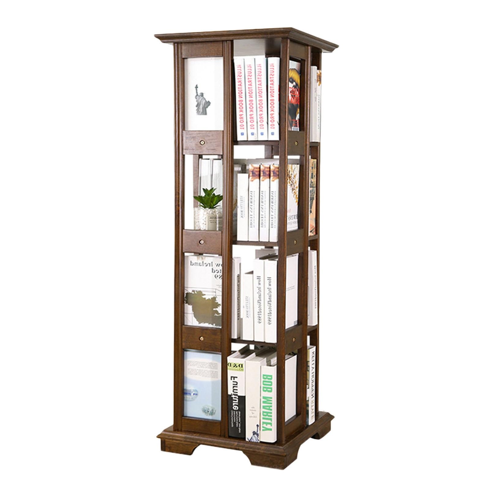Libreria a torre girevole a 4 ripiani in legno massello con design aperto, scaffale angolare per riporre CD in camere da letto, salotti, sale giochi e casa ufficio, marrone, taglia unica