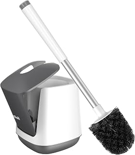 SetSail Toilet Brush & Holder with Self-Closing Lid, Extra Long Handle, Nylon Bristles - Ventilated Dry Fast for Bathroom Cleaning, White/Grey