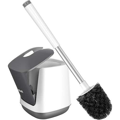 SetSail Toilet Brush and Holder, Self Closing Lid Toilet Bowl Brushes Holder and Extra Long Handle Ventilated Toilet Brush Set for Bathroom Cleaning, Nylon Bristles, White & Grey