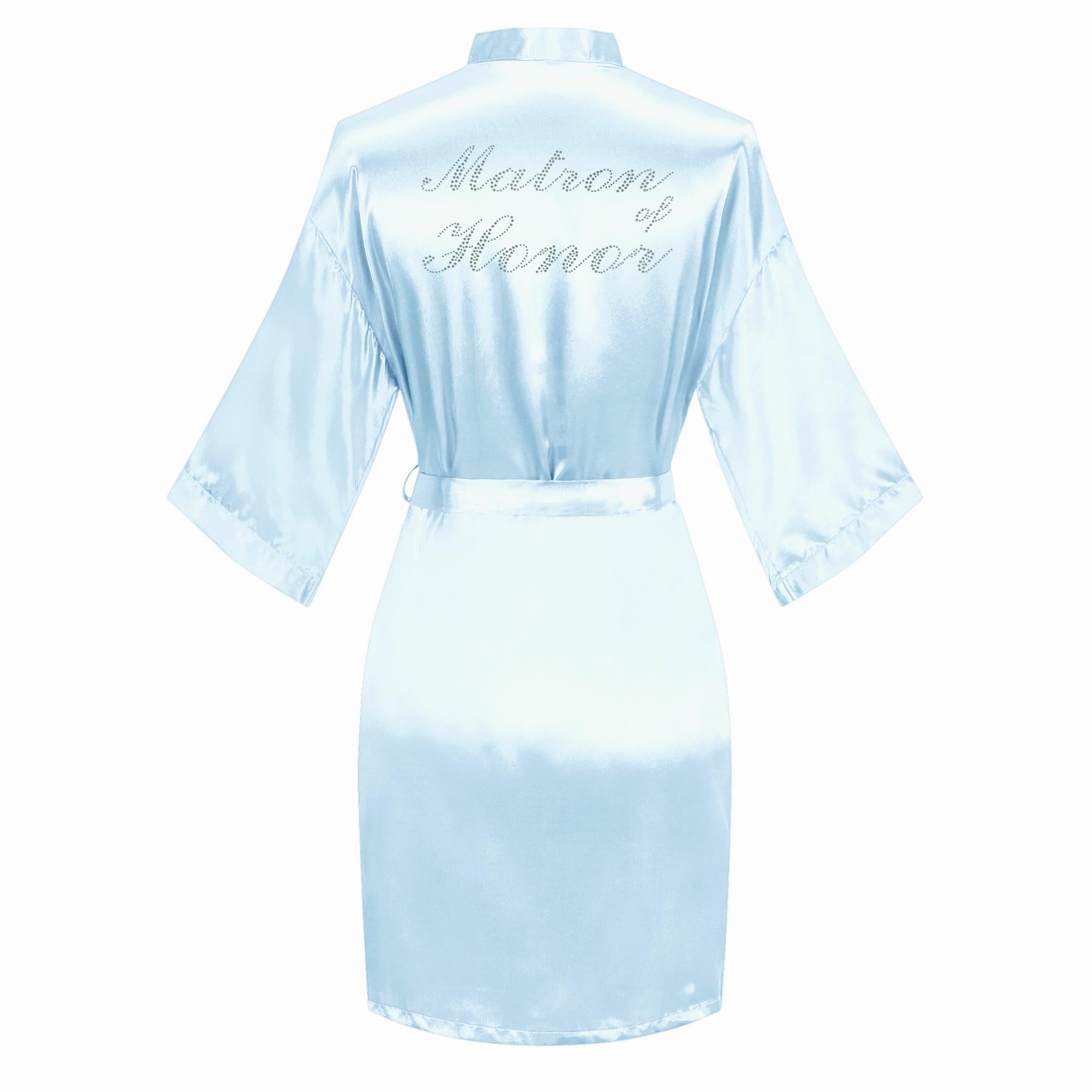 Women's Satin Robe Short Kimono for Bride &amp; Bridesmaid with Silver Rhinestones, Wedding Party Robes