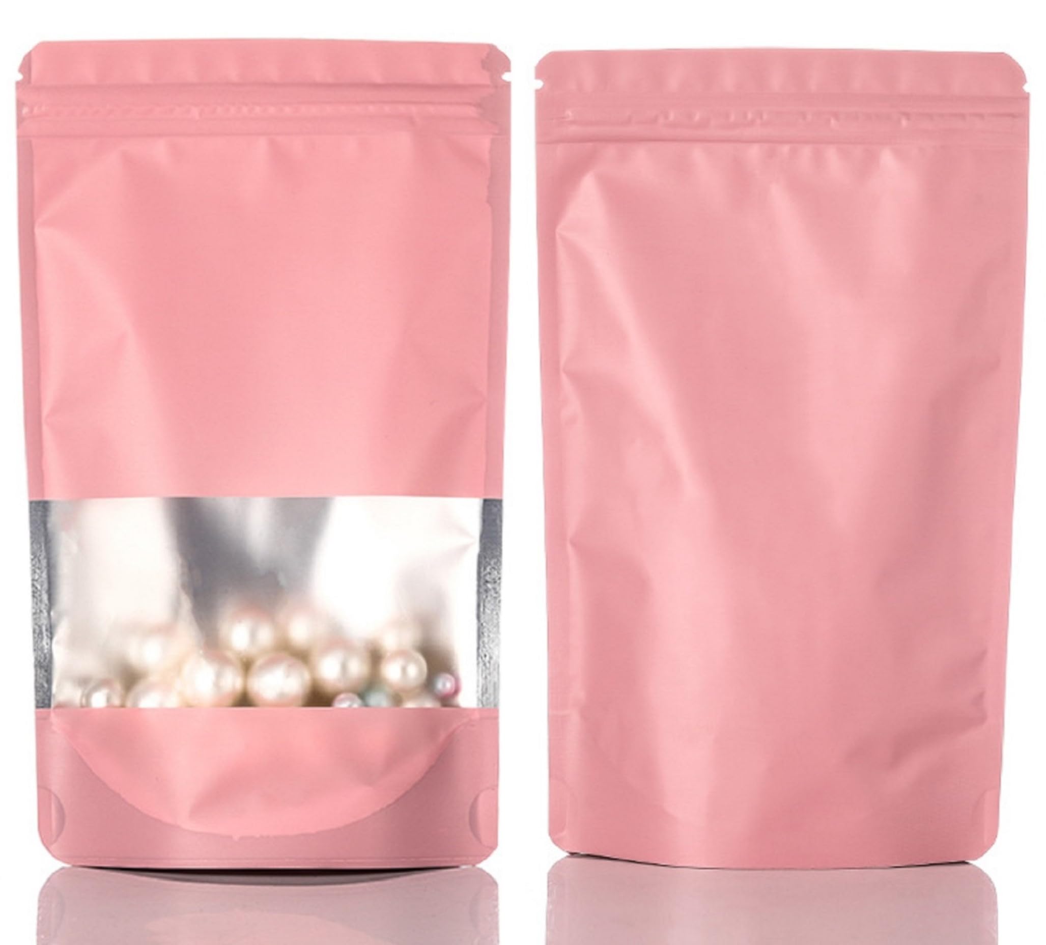 Rimiko 50pcs Resealable Stand up Foil Pouches with Clear Window, Zipper Aluminum Ziplock Bags, Mylar Bags for Food Storage, Colorful Matte Packaging for Candy Coffee Beans (Pink, 4.7"x 7.9") — image 1