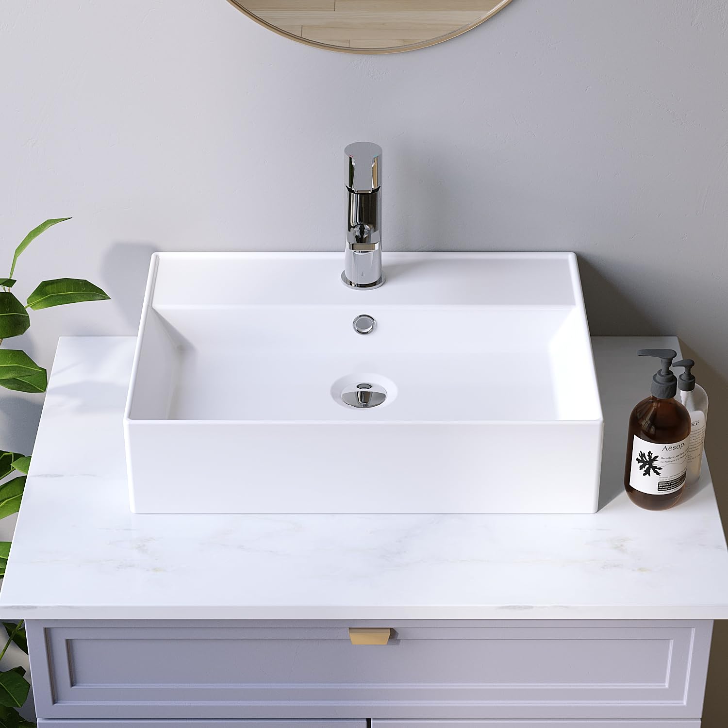 Lavabi in ceramica angolare 50 x 35 cm, lavabo a incasso per mobile da bagno, lavabo per bagno degli ospiti, sospeso, lavabo a parete, bianco, con foro per rubinetto, troppopieno, viti di fissaggio