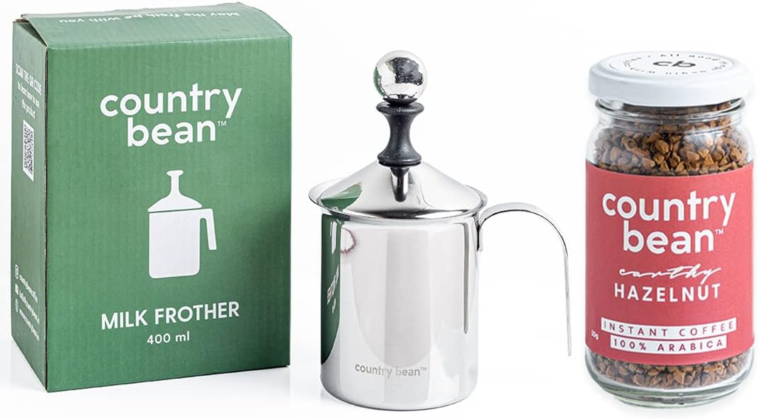 Country Bean Stainless Steel Milk Frother 400ML and Hazelnut 50G Instant Coffee Combo, Pack of 2 | 100% Arabica, Freeze-Dried, No Added Sugar| Enjoy Your Coffee Hot or Cold