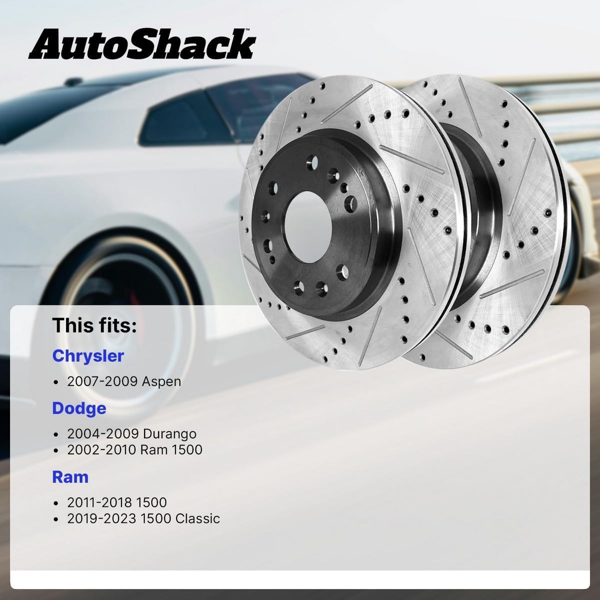 AutoShack Rear Vented Drilled & Slotted E-Coated Brake Rotors 2-PC Set Replacement for 2011-2018 Ram 1500 2002-2010 Dodge Ram 1500 2004-2009 Dodge Durango ShadowGuard 13.87" (352.2 mm)