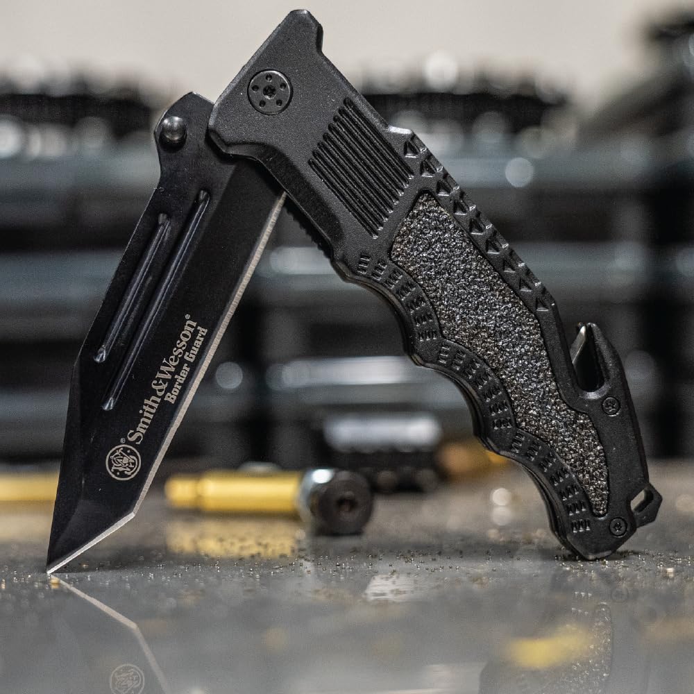 Smith & Wesson Unisex – dla dorosłych, nóż składany, długość ostrza: 10,8 cm, Drop Point, Border Guard Linerlock, czarny, 25 cm