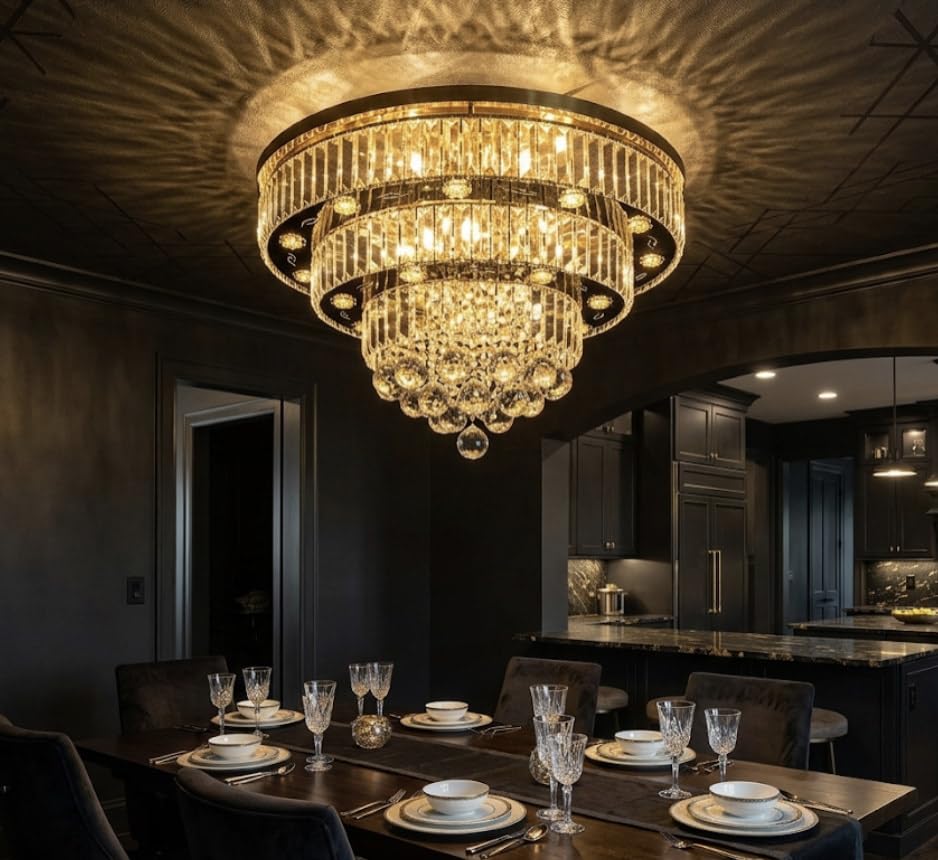 Image of Sanleen Round Shape Crystal LED Chandelier with Bluetooth Speaker | Multicolour Modern Ceiling Light | Luxury Crystal Hanging Lamp for Living Room Bedroom Dining Room Hall & Home Lighting Fixture