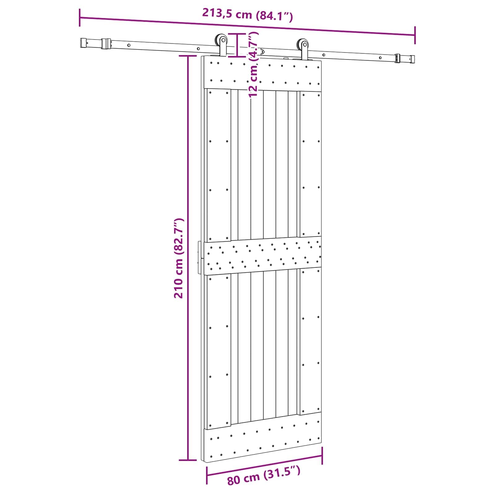 Puerta corredera Narvik natural y negra 80 x 210 cm | Madera de pino maciza, guía de acero, mecanismo superior, diseño que ahorra espacio