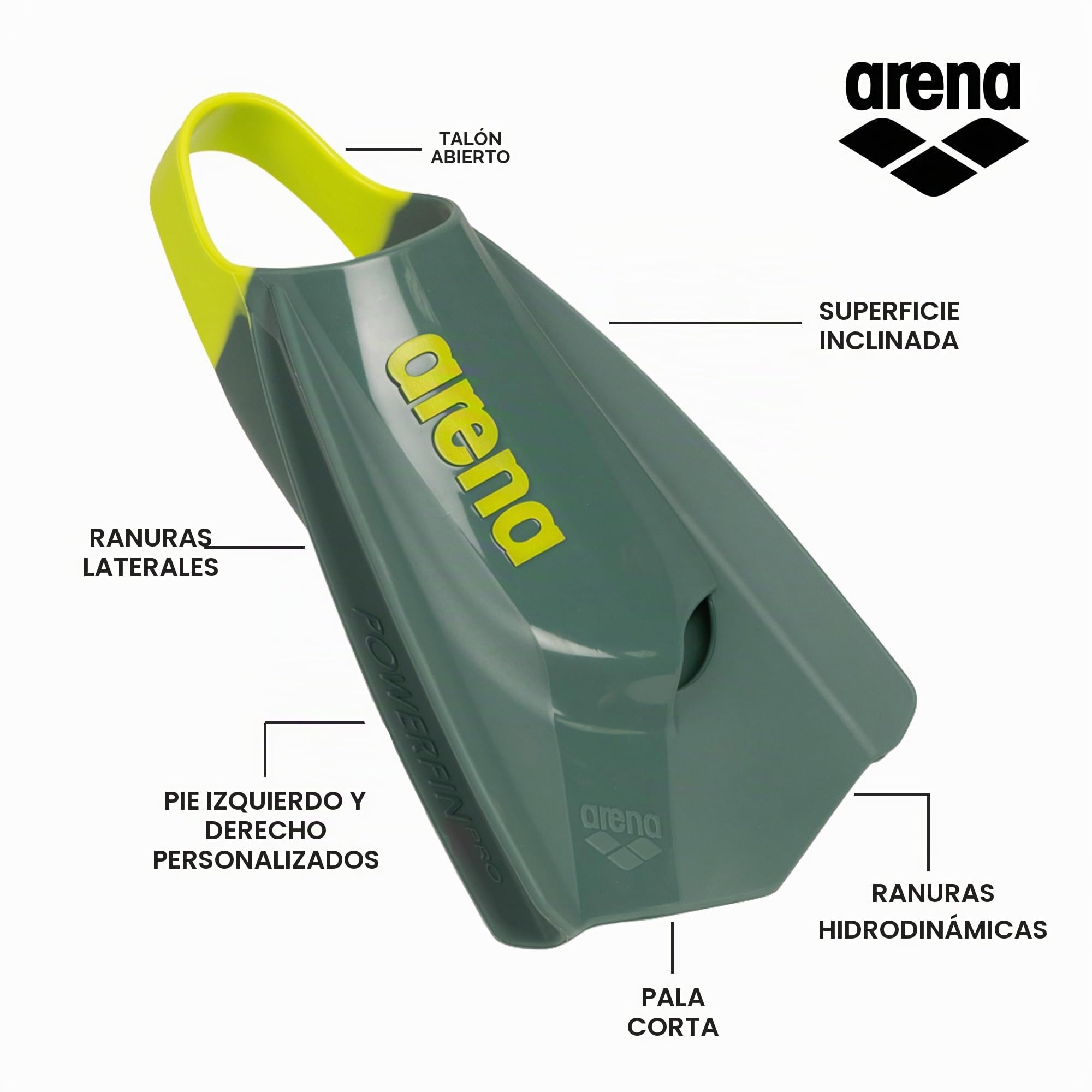 Arena Powerfin Pro II Aletas de entrenamiento de natación unisex para adultos, aletas de hoja corta de silicona, pies personalizados, Verde oscuro/amarillo, 36/37