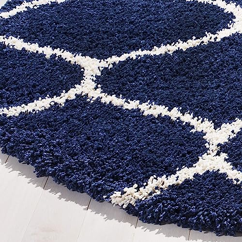 Image of Handwoven Microfibre 3D Rug for Living Room (Navy Blue & Ivory Moroccan, 8 X 8 Feet (Round), Microfibre)