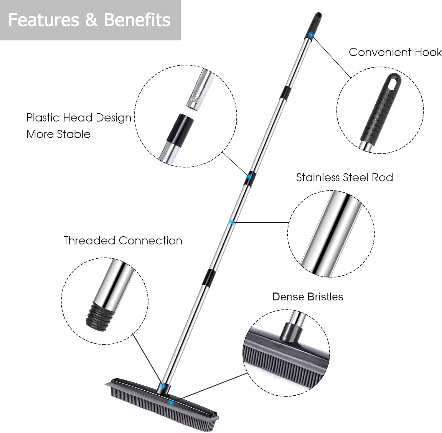 Push Broom, Soft Bristle Rubber Sweeper Squeegee Edge with 59 inches Adjustable Long Handle, Non Scratch Bristle Broom for Pet Cat Dog Hair Carpet Hardwood Floor Tile Windows Cleaning (Black)