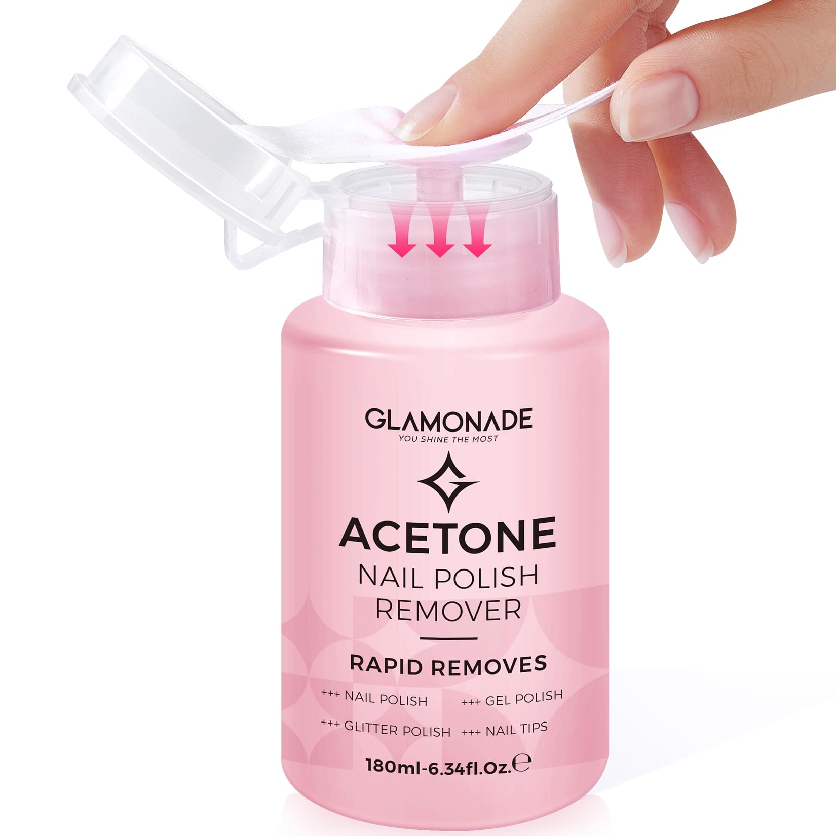 Glamonade Acetone Nail Polish Remover: Gel Polish Remover for Removal of Quick Dry Nail Polish/Gel Polish/Glitter Polish/Nail Tips | Rose Scent with Easy Push-Down Pump(6.34 Fl Oz)