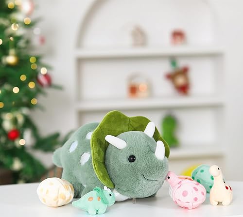 Miniatura 8 de Animales de peluche de dinosaurio, juguete de peluche para niñas y niños, una mamá dinosaurio con 3 dinosaurios bebés, triceratops, estegosaurio