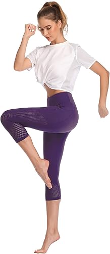 Miniatura 4 de RAYPOSE Leggings de entrenamiento para mujer con bolsillos, talla grande, para gimnasio, cintura alta, pantalones de yoga capri con corte de malla