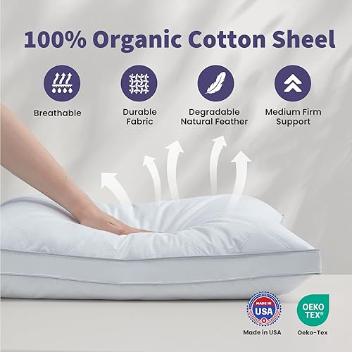 Miniatura 3 de Dreamhood Juego de 2 almohadas de plumas de ganso de lujo, tamaño estándar, hechas en Estados Unidos, suaves almohadas de cama con refuerzo para