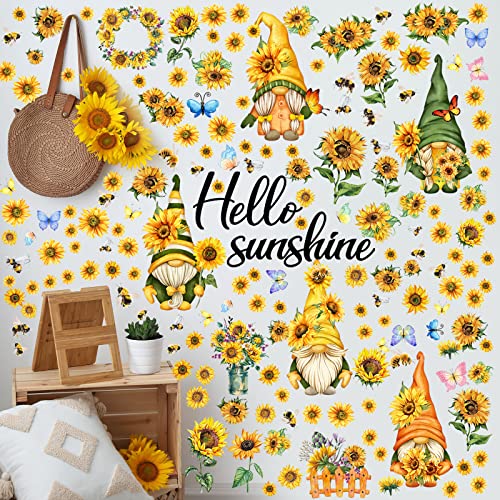 Glenmal 122 Piece Wall Decals - Sunflower Gnome, Bee, Butterfly, Flower Designs - Summer Wall Stickers for Bedroom, Living Room, Bathroom, Window Decor