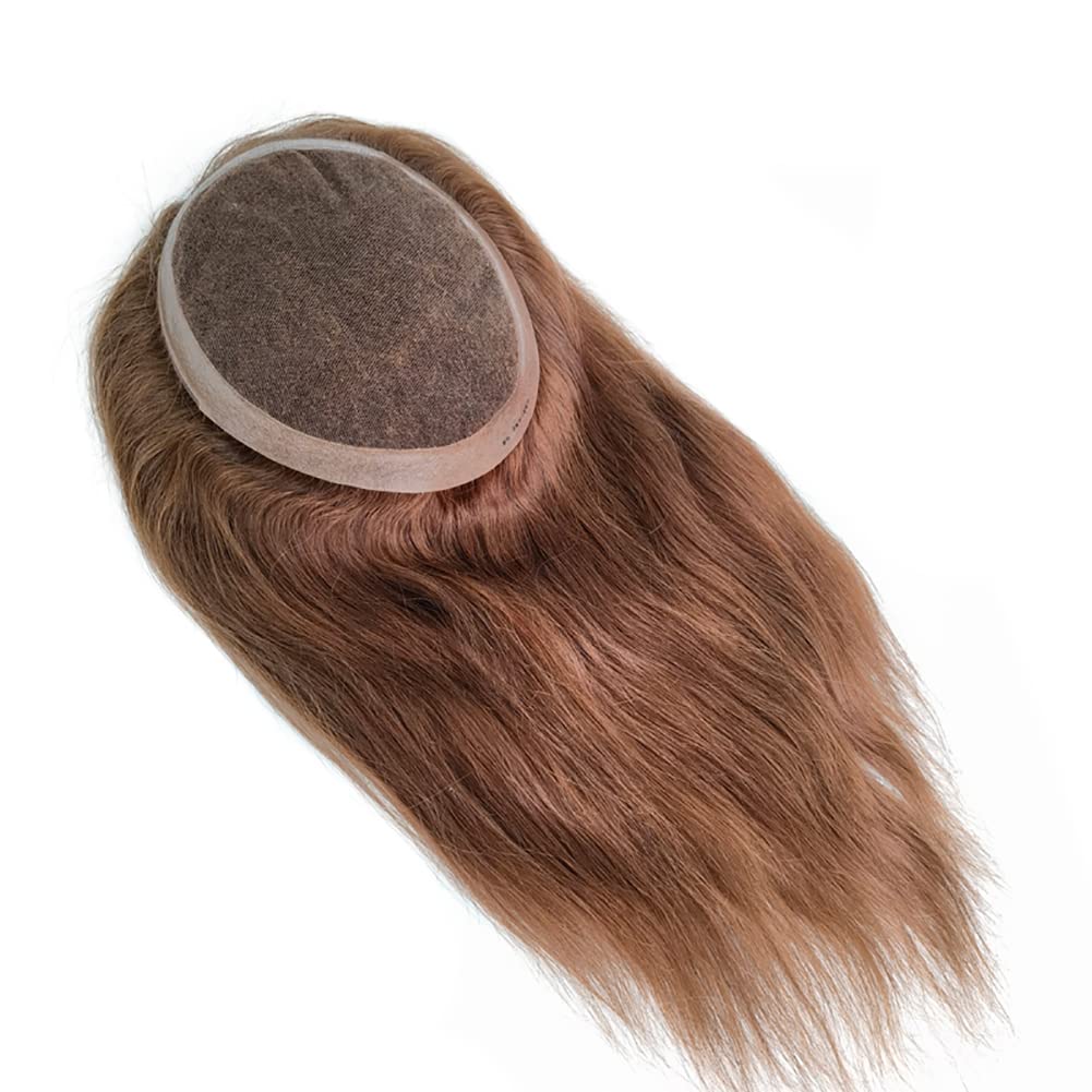 Swiss Lace PU Thin Skin Around Men Toupee with Human Hair Piece System Size 7"×9" Hair Length 14 Inch Brown 6#
