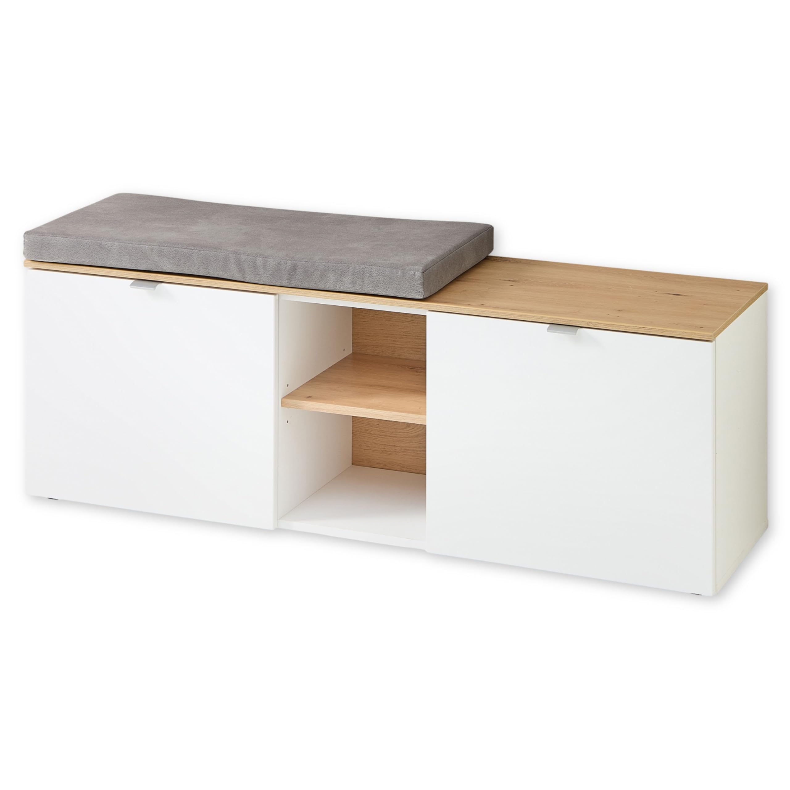 BARI Schuhbank in Weiß, Artisan Eiche Optik FSC-zertifiziert - Moderne Sitzbank mit Stauraum für Ihren Flur - 128 x 50 x 38 cm (B/H/T)