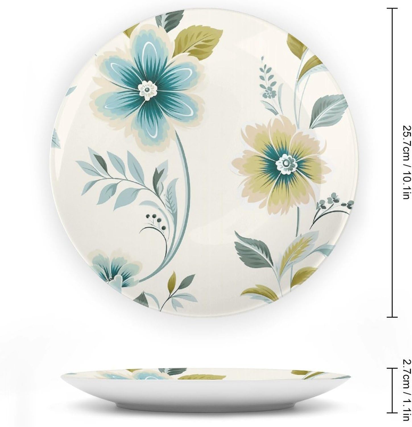 Blue And Green Flowers Ceramic Plate 10inch Decorative Bone China Wall Hanging Ornament Plates Bohemian Style Dinner Plate with Display Stand Cabinet Display Plates for Home Art Decor