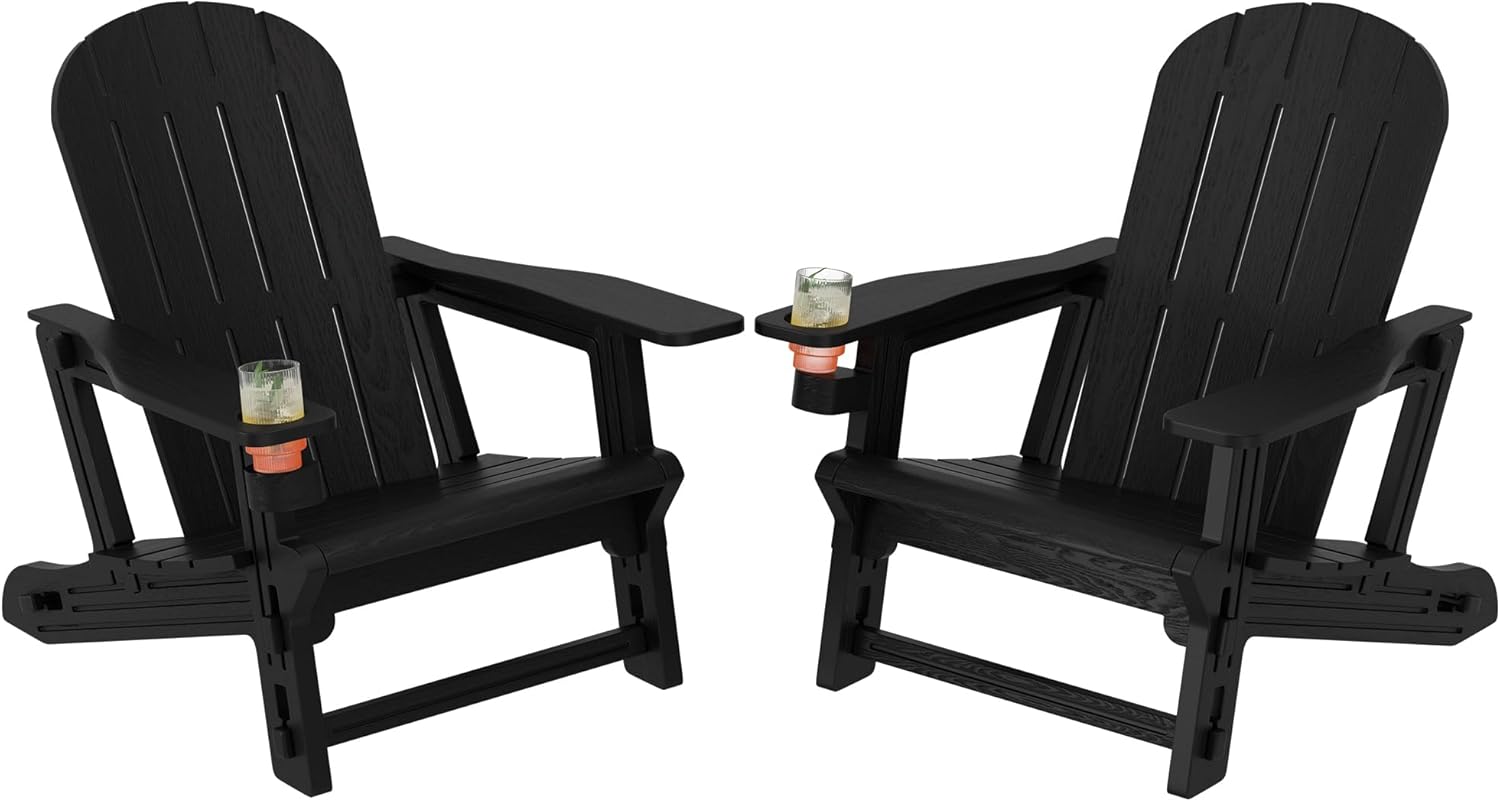 Shintenchi Adirondack Chairs Set of 2,HDPE Adirondack Chairs w/Removable Tablelop & Umbrella Hole,All-Weather Wooden Textured Plastic Outdoor Chairs w/Cup Holders for Garden Backyard Pool,Black