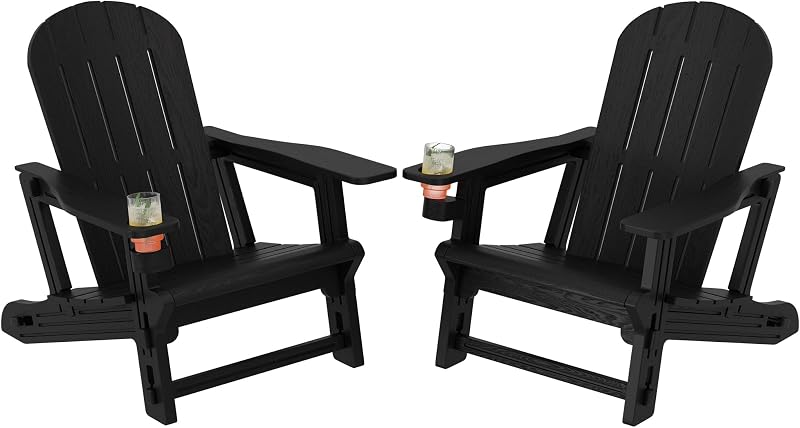 Shintenchi Adirondack Chairs Set of 2,HDPE Adirondack Chairs w/Removable Tablelop & Umbrella Hole,All-Weather Wooden Textured Plastic Outdoor Chairs w/Cup Holders for Garden Backyard Pool,Black image 4