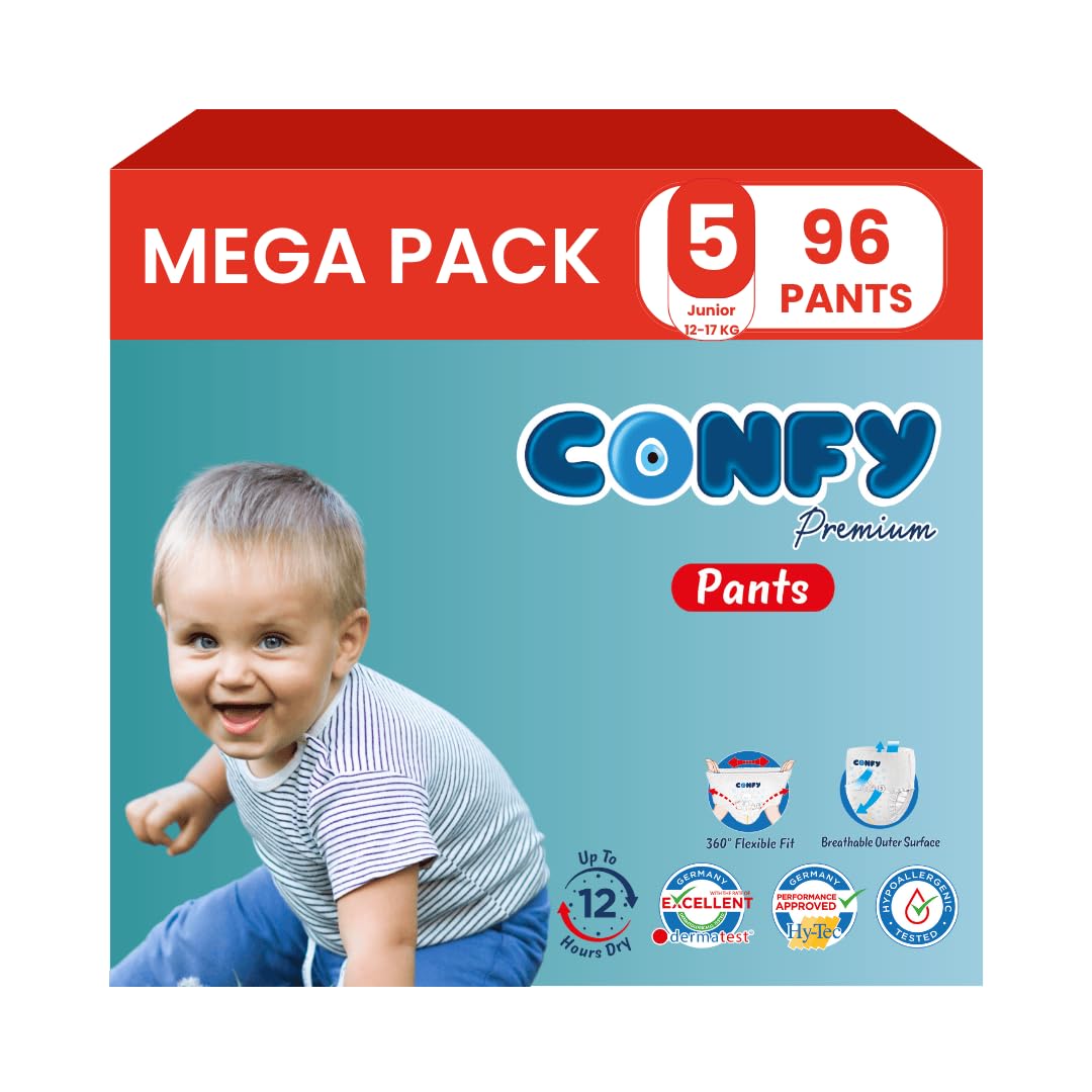 Confy Premium pieluchy rozmiar 5 (12 kg - 17 kg), pojemnik na miesiące, 120 sztuk, testowane dermatologicznie, elastyczne dopasowanie, wskaźnik oddawania moczu, CareShield