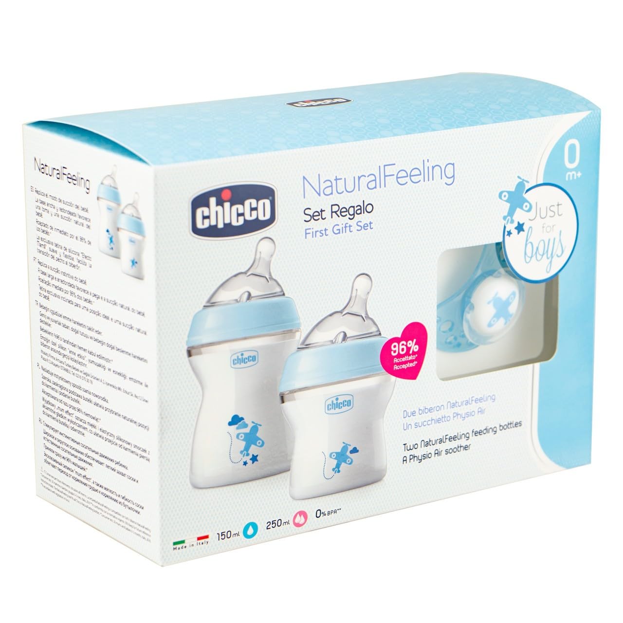 Chicco NaturalFeeling - Set de regalo con 2 biberones recién nacido + chupete, 0 m+, azul