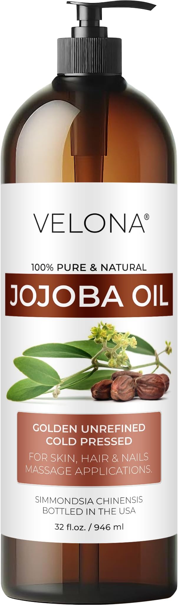 velona Jojoba Oil - 32 fl oz (With Pump) | 100% Pure and Natural | Golden, Unrefined, Cold Pressed, Hexane Free | Moisturizing Face, Hair, Body, Skin Care