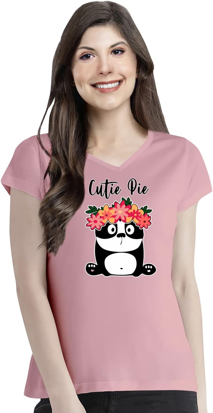 OPLUWomen's Regular Fit Cutie Pie Cotton Printed V Neck Half Sleeves Tshirt. Animal, Animal Lover, Cute, Trending Tshirts, Pootlu. (Pooplu_BabyPink_Small)