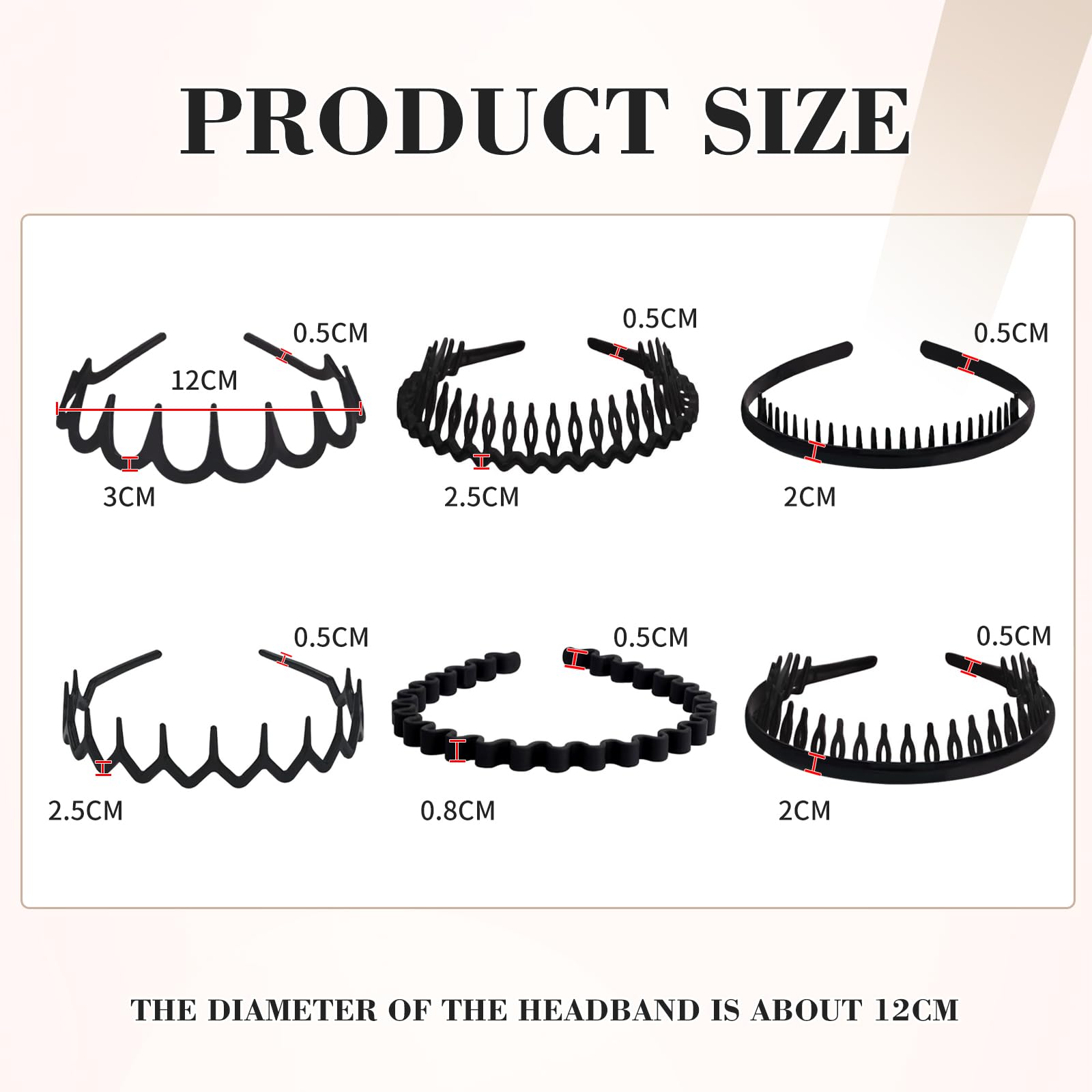 Confezione da 6 fasce per capelli in plastica nera per donne e ragazze, uomo, con denti, fasce per capelli unisex (larghezza 8 mm
