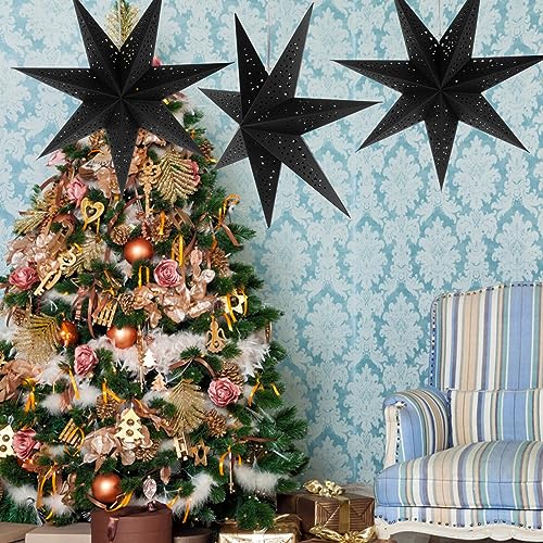 Image of LIOOBO Paper Lanterns 3pcs 9-Pointed Paper Star Lantern Shades for Christmas (7-Pointed Star Black)