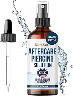 BodyJ4You Piercing Aftercare Spray w Dropper - Saline Natural Recovery Formula - Tea Tree Sea Salt Aloe Rosemary - Ear Piercing Kit Gauges Navel - Wound Care Keloid Bump Removal - Glass Bottle 4 Fl Oz
