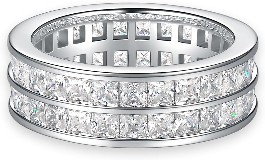 Moissanite Wedding Band Eternity Rings Princess Cut D Color VVS1 Moissanite Channel Set, 925 Sterling Silver Moissanite Rings for Men Women