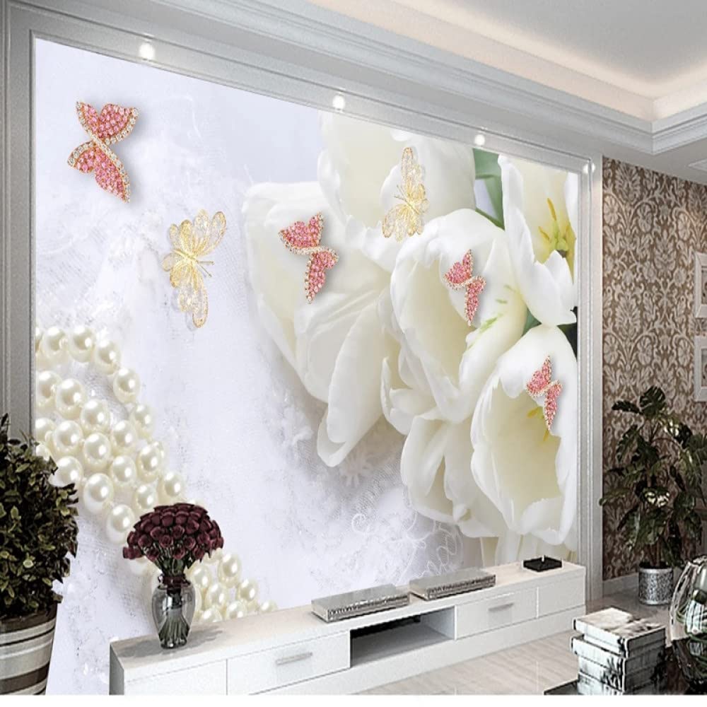Carta Da Parati 3D,Moderno Tulipano Bianco Fiore Farfalla Perla Stampa Lusso Grande Carta Da Parati Autoadesiva Buccia E Bastone Carta Di Contatto Staccabile Vinile Murale Adatto Per Soggiorno Camer