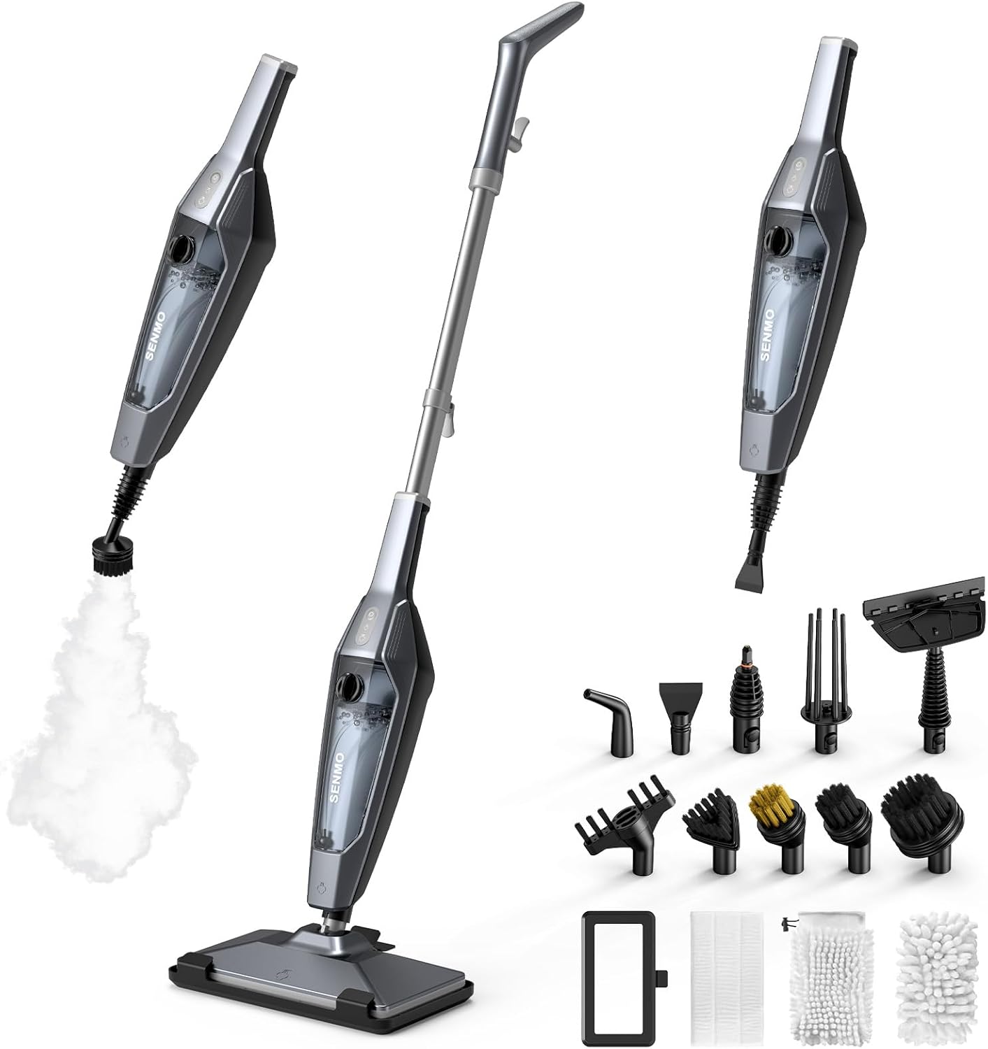 SENMO Steam Mop, 14-in-1 Detachable Steam Cleaner for Home and Floor, 1300W 228°F Deep Cleaning MultiPurpose Floor Steamer with 14 Attachments for Hardwood Floors, Tile, Grout, Furniture, Carpet, Wall Black