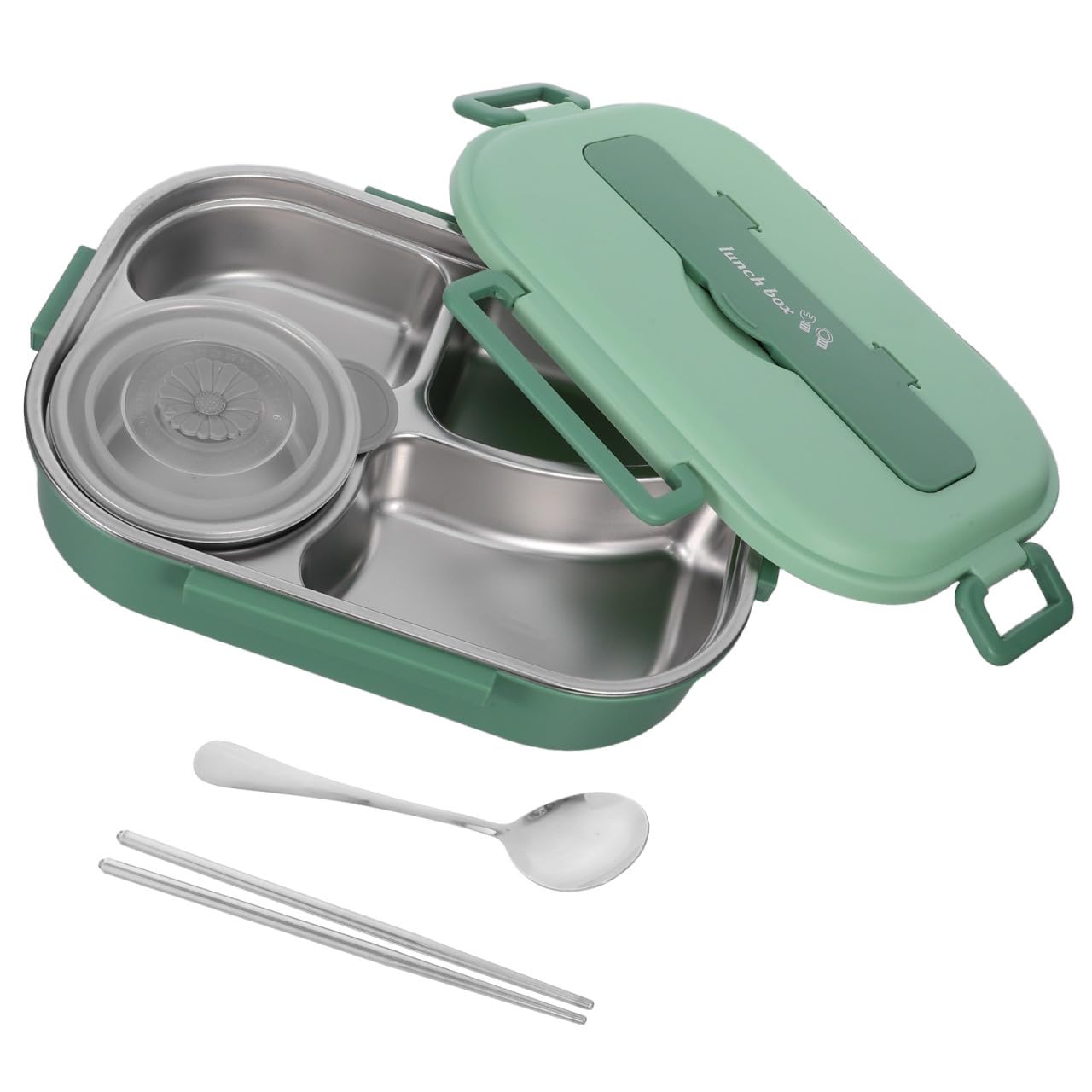 Contenitore Pranzo in Acciaio Inox 1500ml con Coperchio Verde | 4 Scomparti, Set da 1 Pezzo, Portavivande per Ufficio e Uscite Lunghe, Pulizia Semplice