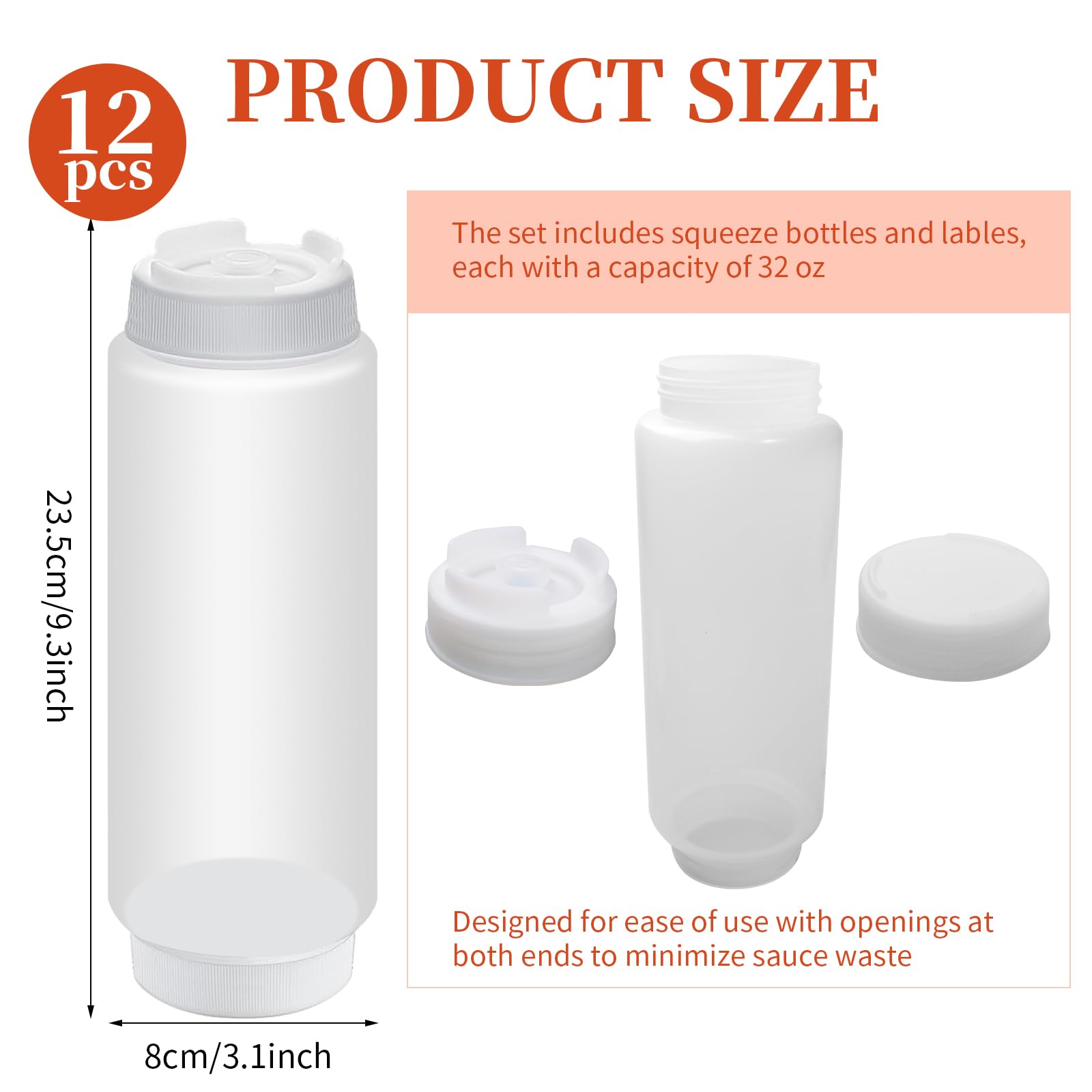 12 botellas exprimibles de condimentos de 32 onzas con etiquetas, botellas recargables transparentes invertidas, dispensador de salsa de plástico para restaurante, cocina, ketchup, aderezo y 2