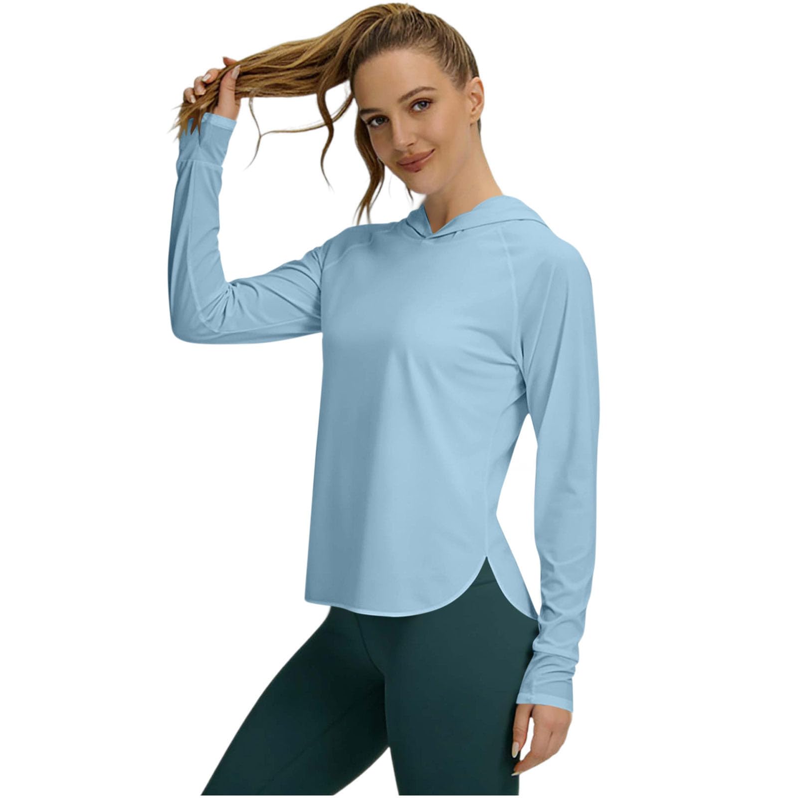 AMhomely Womens Sun Protection Hoodies-Upf50 Long Sleeve Shirt Women,Gym Workout Running Sports Tees,Ladies Lightweight Breathable Quick Dry T-Shirt,Side Slit,Outdoor Travel Safari A Light Blue XL